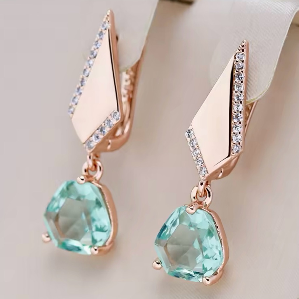 Elegant Rose Gold 585rg Green Aqua Natural Gem Zircon Drop Earrings